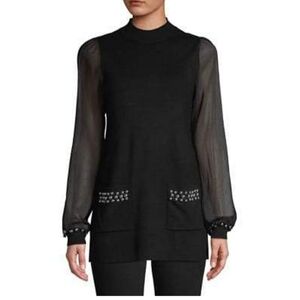 INC Black Mock Neck Tunic Sweater L Sheer Balloon Sleeves Studded Pockets Chic